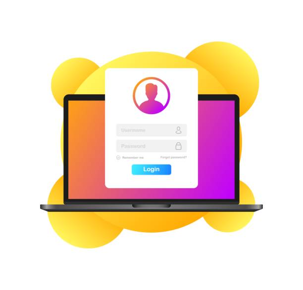 ilustrações de stock, clip art, desenhos animados e ícones de authorization window. flat, color, macbook layout with an authorization window on the site, log in to your account, maintain a username and password from your account. vector illustration. - macbook