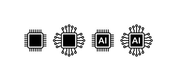 illustrazioni stock, clip art, cartoni animati e icone di tendenza di chip elettronico. silhouette, nero, chip informatico, intelligenza artificiale, processo numerico, idee innovative nel campo dell'it. icone vettoriali - asse di circuito