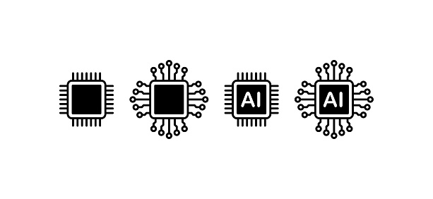 Electronic chip. Silhouette, black, computer chip, artificial intelligence, numerical process, innovative ideas in the field of IT. Vector icons