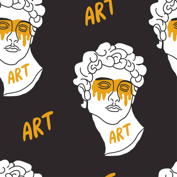 illustrations, cliparts, dessins animés et icônes de motif sans couture avec des sculptures grecques. visages d’hommes. fond noir élégant. pop art, antiquité moderne. - column greek culture roman architecture