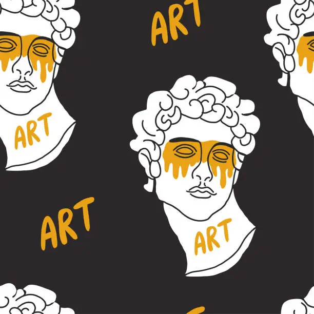 Vector illustration of Seamless pattern with greek sculptures. Men's faces. Stylish black background. pop art, modern antiquity.