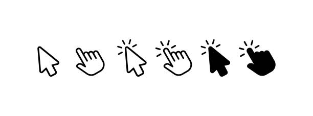 cursor. flach, schwarz, computerzeiger, bewegen sie den mauszeiger und klicken sie. vektor-symbole. - hovering stock-grafiken, -clipart, -cartoons und -symbole