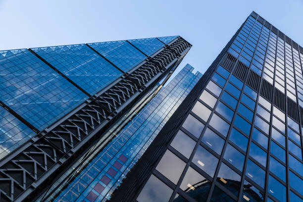 London, UK - April 25, 2019: London city skyline modern skyscrapers under clear blue sky