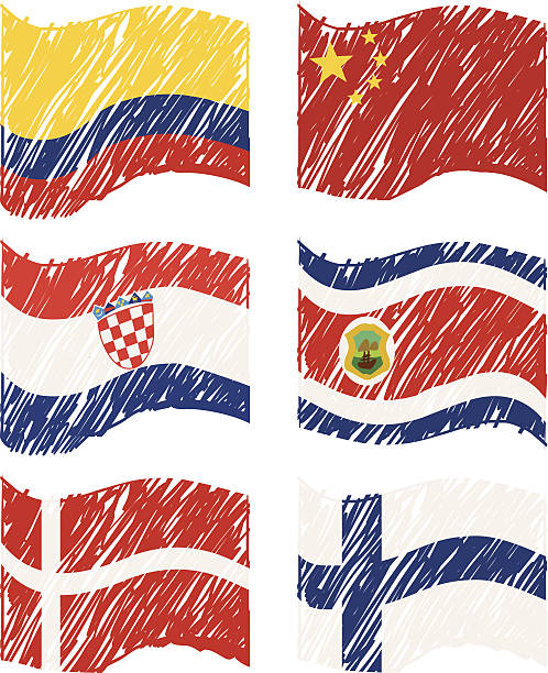 Hand drawn Vector Flags Colombia, China, Croatia, Costa Rica, Denmark and Finland flags. зарплата слідчого в Україні stock illustrations