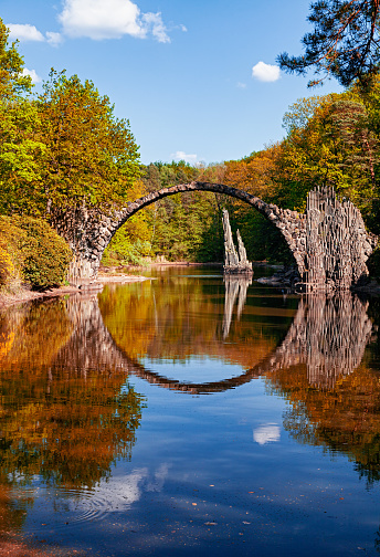 Red, wooden, covered bridge with beautiful autumn colors and river reflections, Stowe, Vermont, USA