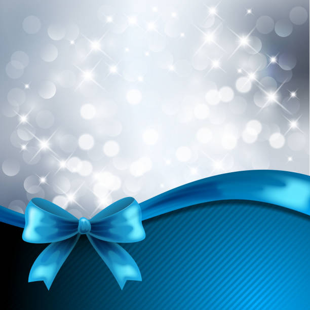 srebrny tło z niebieską wstążką - blue bow ribbon gift stock illustrations