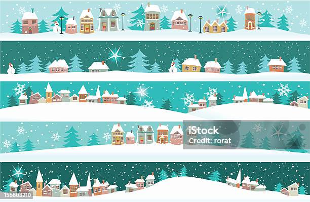 Winter Banners With Cartoon Houses Stock Illustration - Download Image Now - Christmas, Village, Town