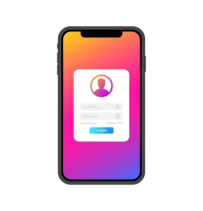 Log in to your account. Flat, color, layout of authorization to an account on an iPhone, log in to a social network. Vector illustration.