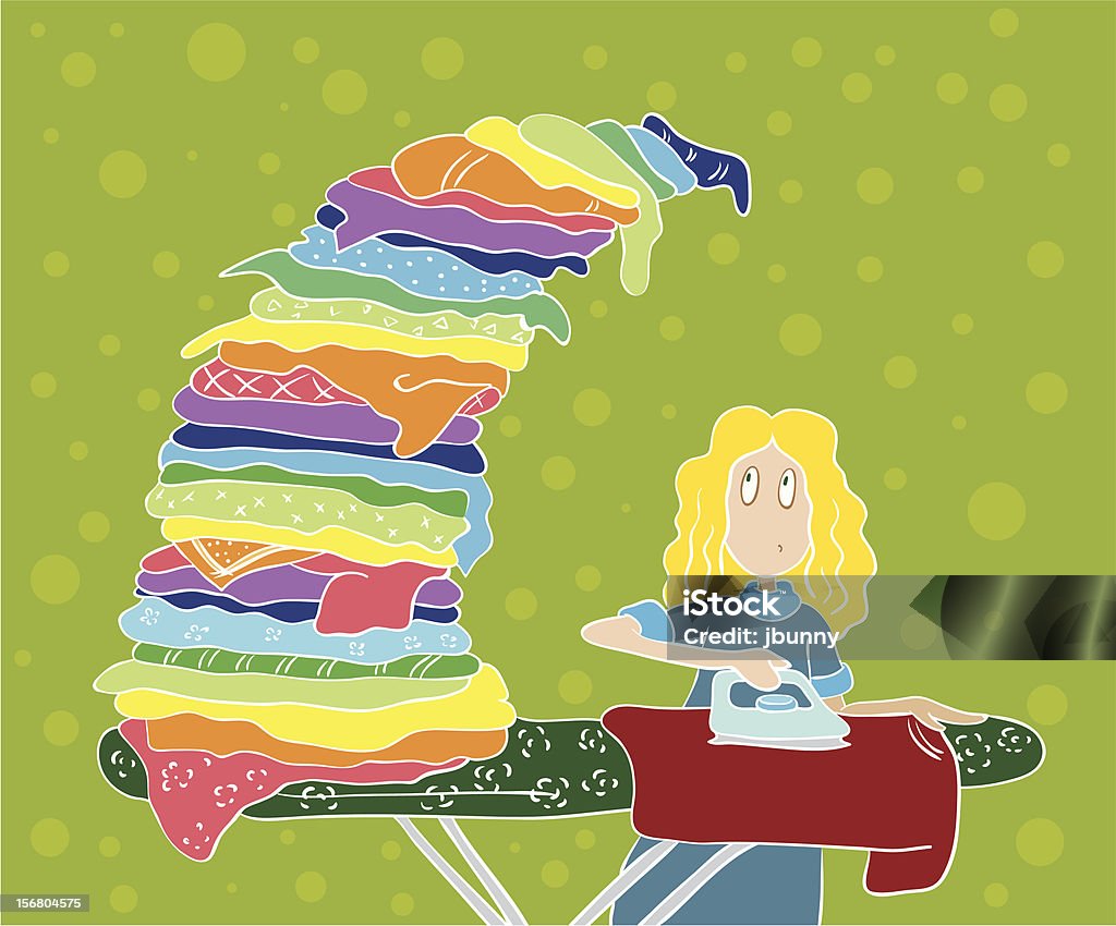 The girl irons shirt The girl irons shirt. On an ironing board is a lot of laundry. Activity stock vector