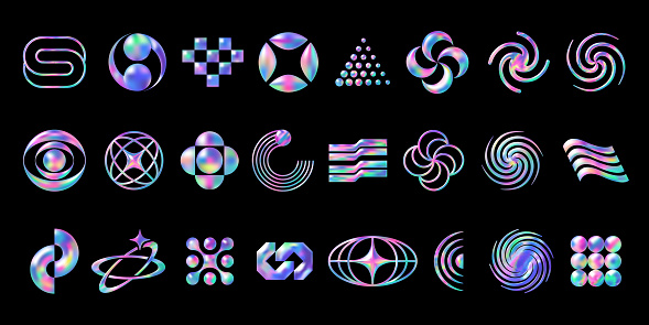 Collection of Y2K elements for design in futuristic style. Set of vector abstract geometric shapes with shiny holographic effect