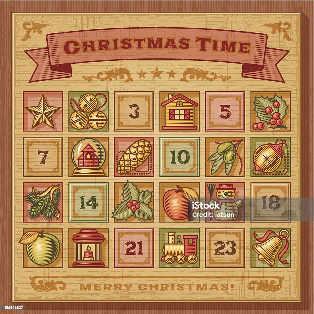 Vintage Christmas Advent Calendar Vintage Christmas advent calendar in woodcut style. EPS10 vector illustration. Includes high resolution JPG. Advent Calendar stock vector