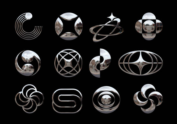 Retro Y2K and 90s geometric shapes, brutalist minimalist chrome design elements in vector Retro Y2K or 90s shapes, vector geometric postmodern figures. Minimalist brutalist metallic chrome design elements liquid metal sphere stock illustrations