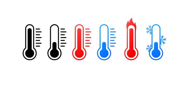 Thermometer. Flat, color, thermometer shows temperature, different temperatures. Vector icons. Thermometer. Flat, color, thermometer shows temperature, different temperatures. Vector icons. temp gauge stock illustrations
