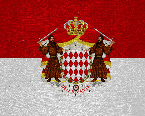 Flag and coat of arms of Principality of Monaco on a textured background. Concept collage.