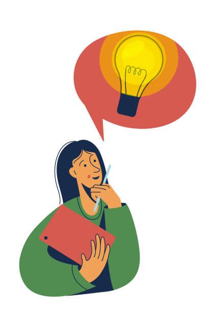istock Woman with a light bulb over his head. Creative person with tablet in hands thinking at work. New idea, creativity. 1568149486