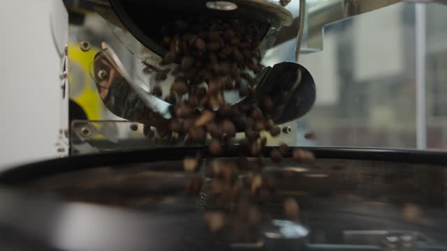Slow motion coffee roaster machine de-stoning roasted coffee bean flowing into cooling plate