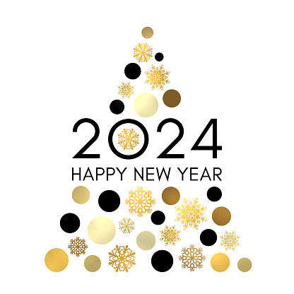 Happy New Year 2024 greeting card design. Abstract Christmas tree with gold and black circles snowflakes isolated on white background. Shining New Year postcard invitation. Golden vector illustration.