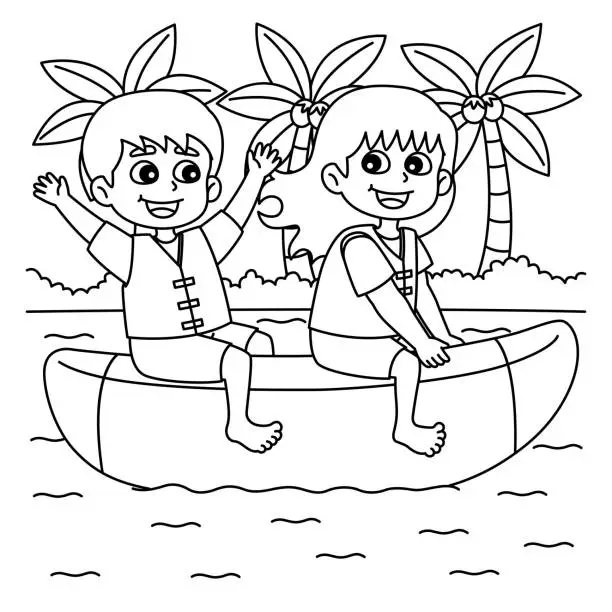 Vector illustration of Children Riding a Banana Boat Summer Coloring