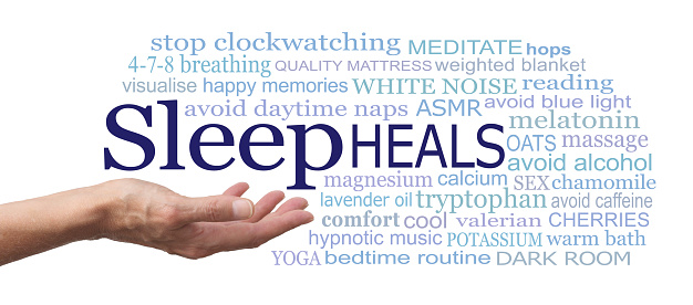 female open palm with the word SLEEP floating above surrounded by a relevent word cloud isolated against a white background