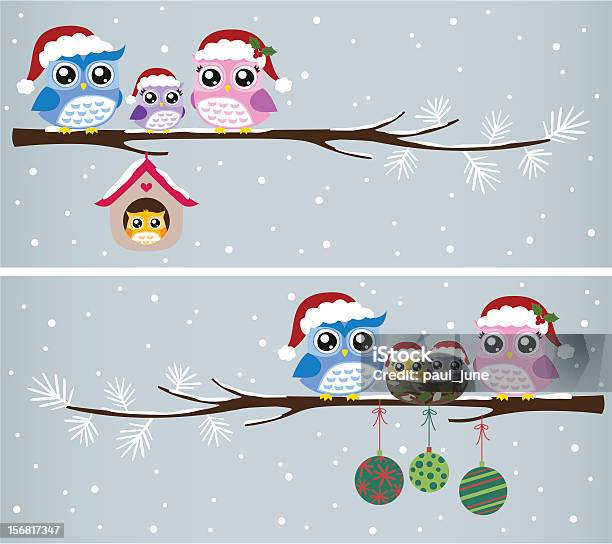 Owl Family Christmas Celebration Stock Illustration - Download Image Now - Animal, Animal Body Part, Animal Eye