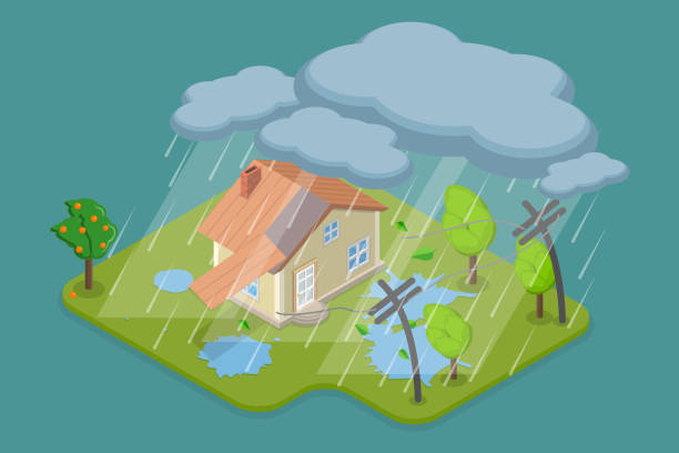 3D Isometric Flat Vector Conceptual Illustration of Thunderstorm and Natural Disaster 3D Isometric Flat Vector Conceptual Illustration of Thunderstorm and Natural Disaster, Building Damage extreme weather stock illustrations