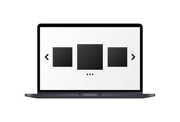 ilustrações, clipart, desenhos animados e ícones de carrossel de ilustrações. realismo, cor, macbook com ilustrações, galeria de imagens. ilustração vetorial. - macbook