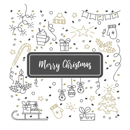 Set of Christmas and New Year design in doodle style. Hand drawn holiday vector collection. Cartoon illustration. Winter postcard. Vector elements isolated on white background.
