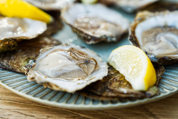 istock Fresh oysters served on a plate with lemon on old wooden table. Oysters served in fish restaurant 1568190843