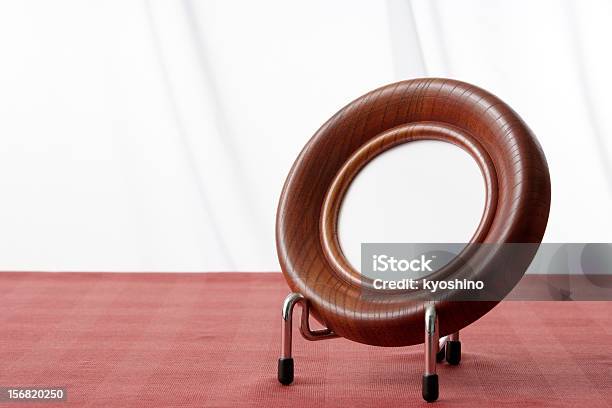 Blank Wooden Circle Picture Frame On Table With Copy Space Stock Photo - Download Image Now