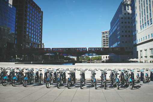 electric bikes parked in town square