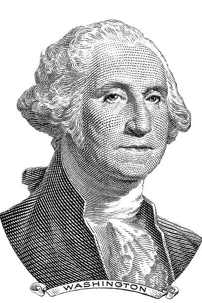 A portrait of George Washington in black and white Gravure of George Washington in front of the old one dollar banknote george washington photos stock illustrations