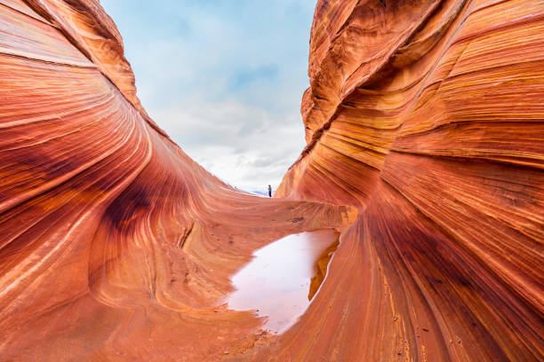 The Wave A hiker stood at the North view of The Wave. hiking sign stock pictures, royalty-free photos & images