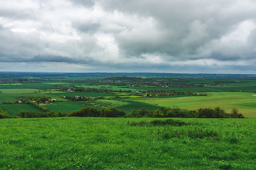 English landscape seen from a hill on overcast day in summer at Dunstable Downs, UK