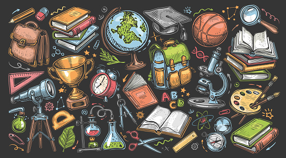 Education concept. Set of school items in cartoon funny style. Vector illustration