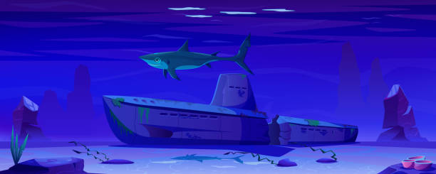 istock Destroyed submarine at the bottom of the ocean. Rocky reef, ocean plants, ocean relief. Underwater seascape with shark. Underwater world of wildlife. Shark cartoon character. Vector illustration. 1568282425