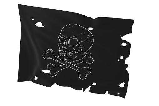 3d render illustration of pirate flag with skull and bones isolated over white background