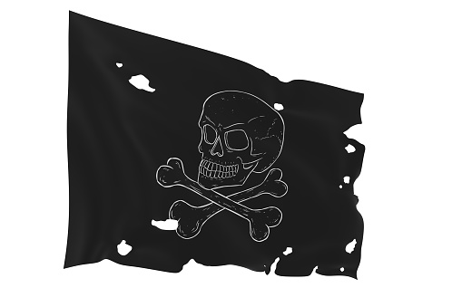 3d render illustration of pirate flag with skull and bones isolated over white background