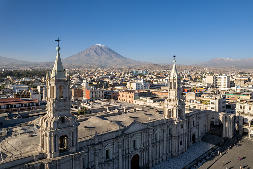 Aerial view of the Cathedral of Arequipa in the city of Arequipa, Peru