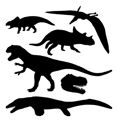 Dinosaur silhouettes tyrannosaurus rex, pteranodon, pterodactyl, triceratops and platecarpus.