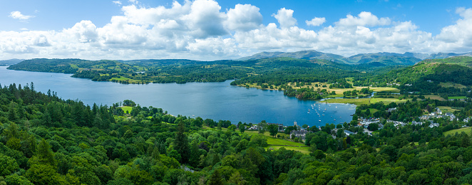 Aerial view of Waterhead and Ambleside in Lake District, a region and national park in Cumbria in northwest England