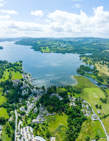 Aerial view of Waterhead and Ambleside in Lake District, a region and national park in Cumbria in northwest England