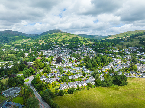 Aerial view of Ambleside in Lake District, a region and national park in Cumbria in northwest England
