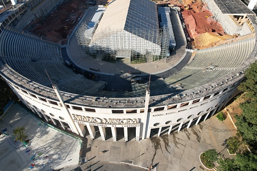 Sao Paulo, Brazil: July 23, 2023: Pacaembu Stadium aerial view. High quality photo. Drone view