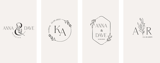 Wedding logos, hand drawn elegant, delicate and minimalist monogram collection. Botanical vector design