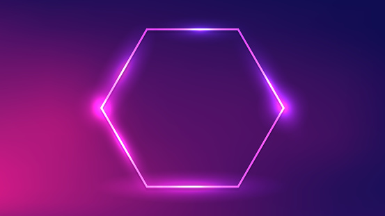 Neon hexagon frame with shining effects on dark purple background. Empty glowing techno backdrop. Vector illustration