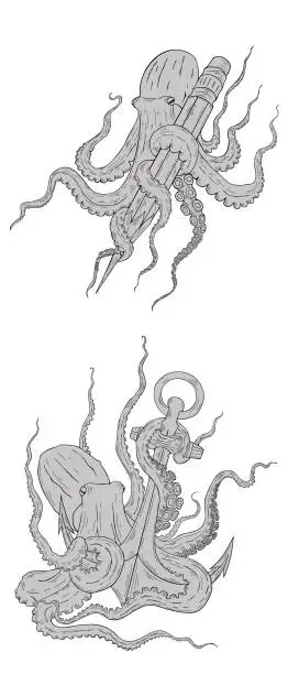 Vector illustration of Set of octopus. illustration with tentacles, anchor, and yellow pencil