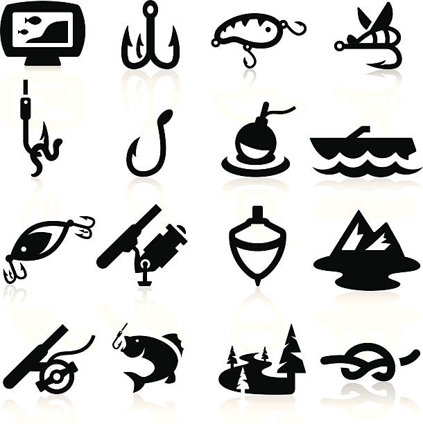 angeln icons set elegante serie - fischen stock-grafiken, -clipart, -cartoons und -symbole