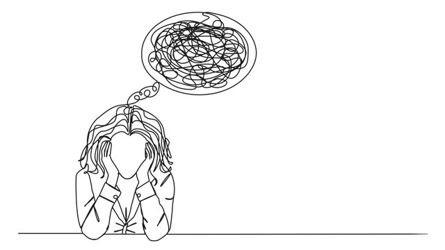animated single line drawing of stressed and confused woman with head in hands