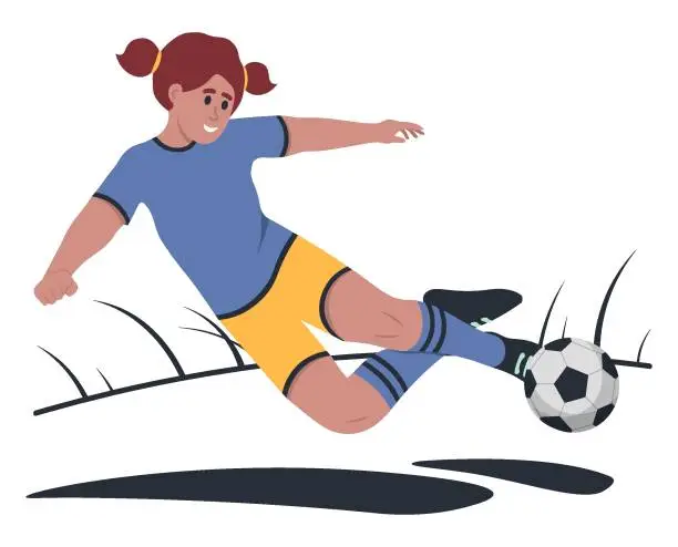 Vector illustration of Little Girl Playing Football. Youth Sports Concept. Vector Illustration In Flat Style