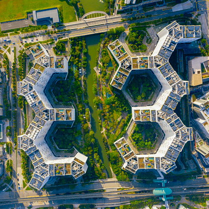 High angle view of green biophilic public housing in Singapore